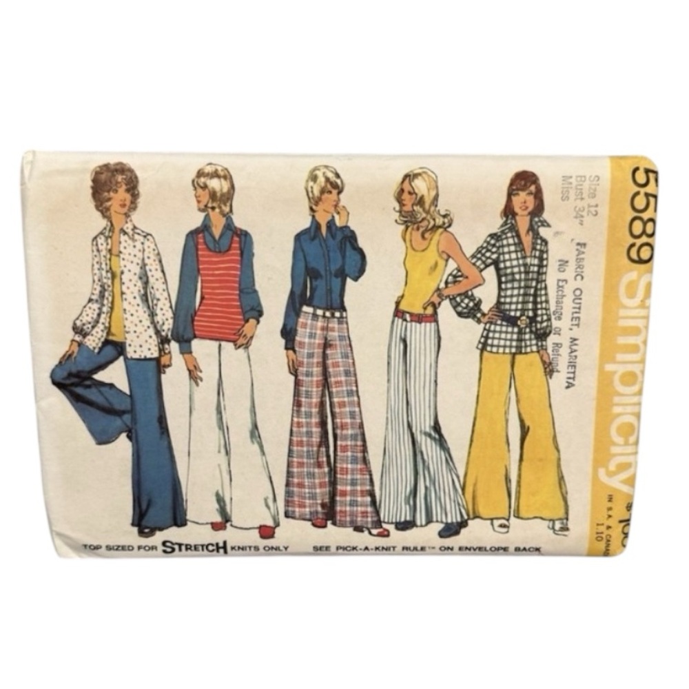 VTG Simplicity 5589 Sewing Pattern 1970s Miss 12 Bell Bottom Pants Shirt Top Cut